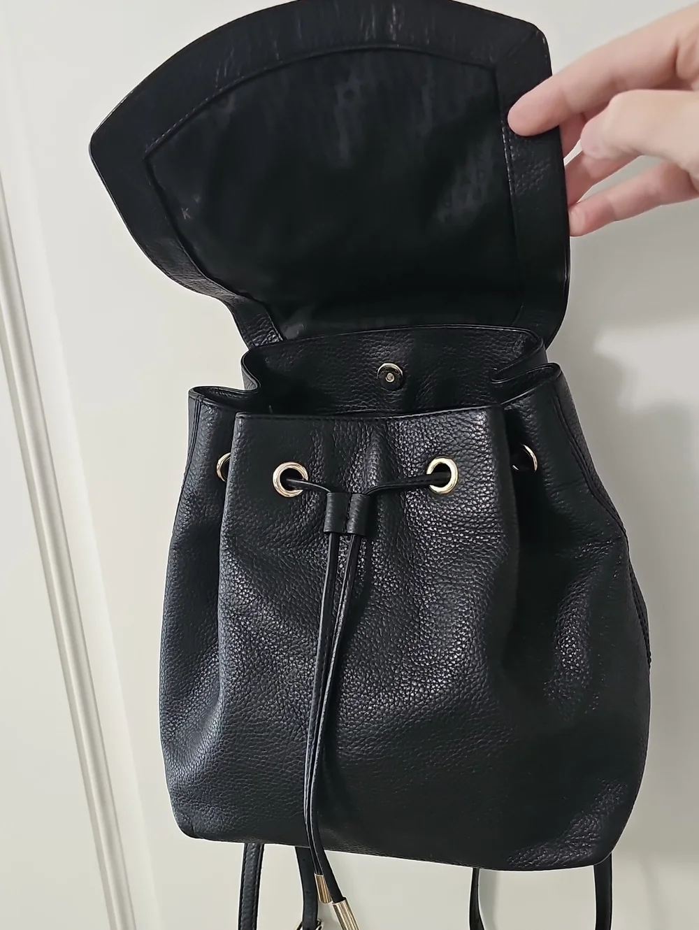 Kate Spade New York Black Pebbled Leather Mini Backpack Gold Tone Drawstring